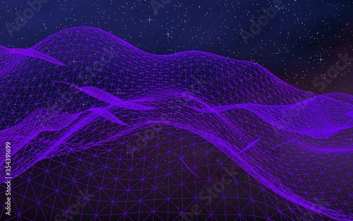 Abstract ultraviolet landscape on a dark background. Purple cyberspace grid. hi tech network. Outer space. Violet starry outer space texture. 3D illustration