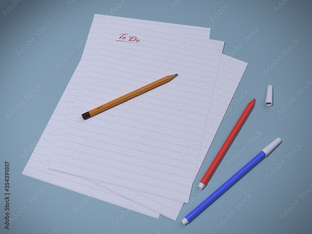 3D rendered illustration of blank lined papers, pens and pencil 3D rendered illustration of blank lined papers, pens and pencil