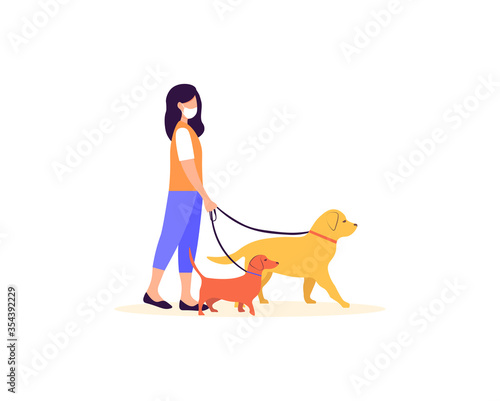 Female character in protective medical mask walking with dogs in the park. Pet care, outdoor activities. Man spends time with pets outdoors. Vector illustration in cartoon style on a white background.