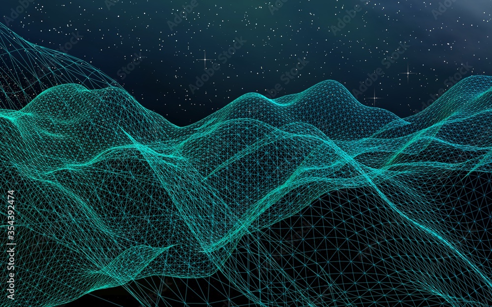 Abstract landscape on a dark background. Cyberspace grid. hi tech network. Outer space. Starry outer space texture. 3D illustration Abstract landscape on a dark background. Cyberspace grid. hi tech network. Outer space. Starry outer space texture. 3D illustration