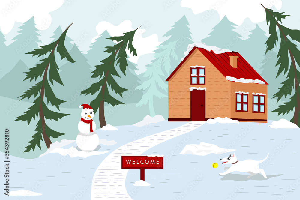Cozy house in forest - vector illustration for holiday card. Happy Christmas, New Year's Day in the countryside. Snowman in scarf and dog in the yard. Welcome in Sunny winter day with snow and pines