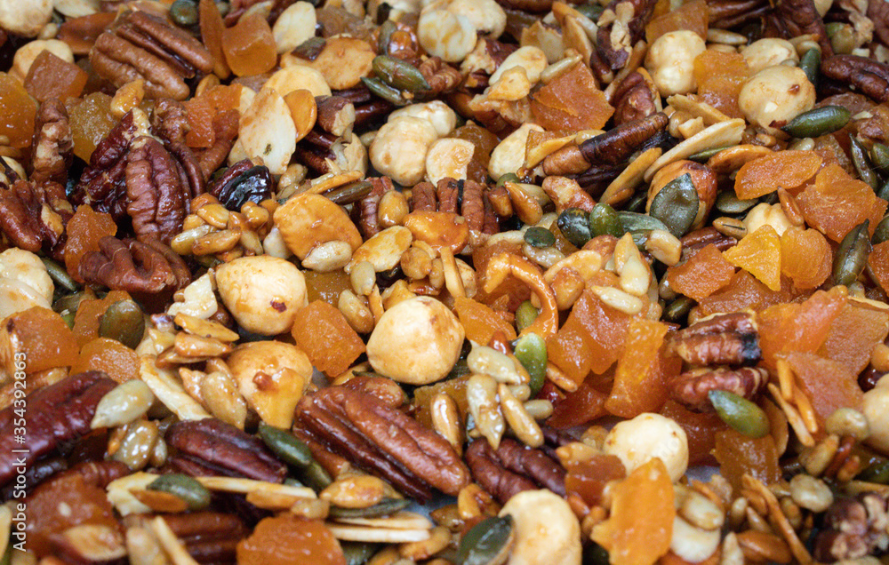 Close up of homemade granola with nuts and seeds Close up of homemade granola with nuts and seeds