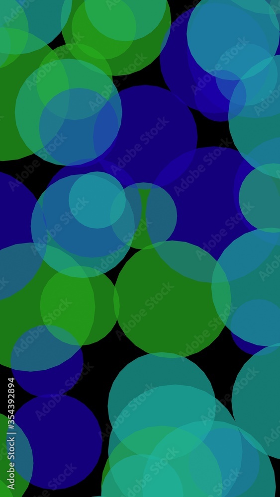 Multicolored translucent circles on a dark background. Green tones. 3D illustration Multicolored translucent circles on a dark background. Green tones. 3D illustration