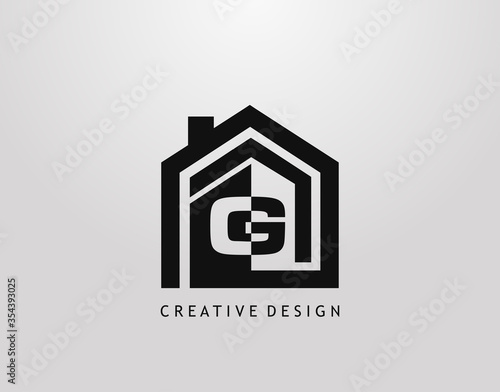 G Letter Logo. Minimalist house shape with negative G letter, Real Estate Building Icon Design.