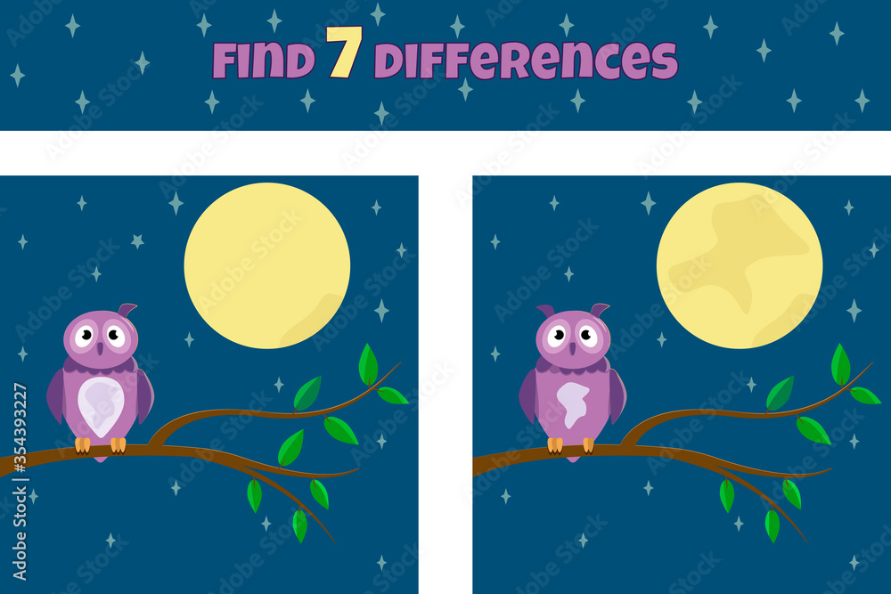 Fototapeta premium Find 7 differences. Find the differences. Educational game for children. Cute owl in the night. Vector illustration.