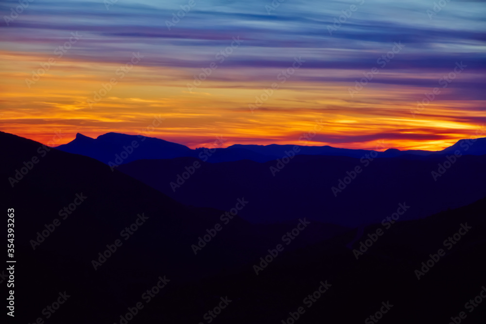 scenery purple and orange sunset sky, breathtaking landscape view