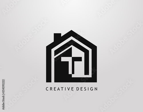 T Letter Logo. Minimalist house shape with negative T letter, Real Estate Building Icon Design.