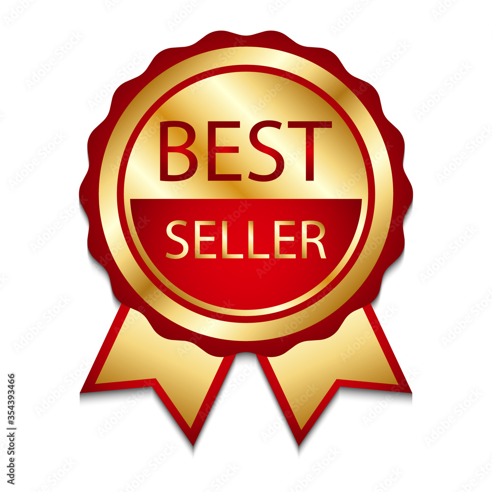 Ribbon award best seller. Gold ribbon award icon isolated white background. Bestseller golden tag sale label, badge, medal, guarantee quality product, business certificate Vector illustration