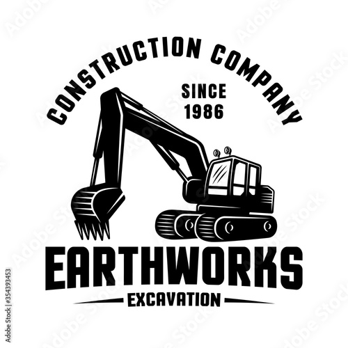 Earthworks vector black emblem with excavator