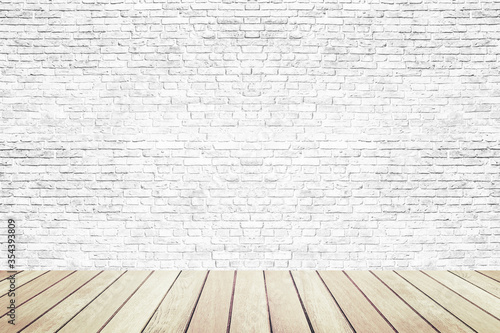 Close up of the white brick wall and wooden floor, interior room