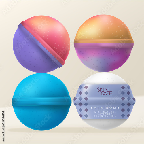 Vector Bath Bombs or Bath Fizzers with Diamond Pattern Printed Shrink Wrap Packaging. photo