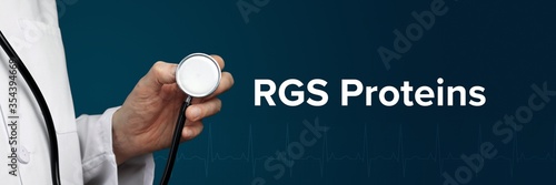 RGS Proteins. Doctor in smock holds stethoscope. The word RGS Proteins is next to it. Symbol of medicine, illness, health photo