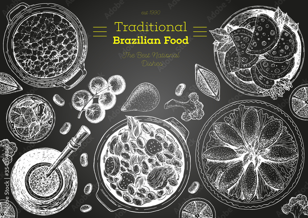 Naklejka Brazilian cuisine top view frame. Brazilian food menu design with feijoada, brazilian shack, meat pastry, farofa and mate tea. Vintage hand drawn sketch vector illustration.