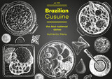 Brazilian cuisine top view frame. Brazilian food menu design with acai, feijoada, farofa, caipirinha and mate tea. Vintage hand drawn sketch vector illustration.