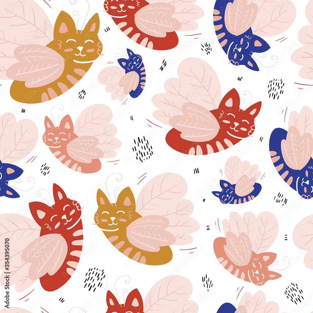 Vector seamless pattern design. Cute and funny cats isolated on the white background. Trendy animals in caps and glasses. Creative childish pink texture. Great for fabric, textile. Vector seamless pattern design. Cute and funny cats isolated on the white background. Trendy animals in caps and glasses. Creative childish pink texture. Great for fabric, textile.