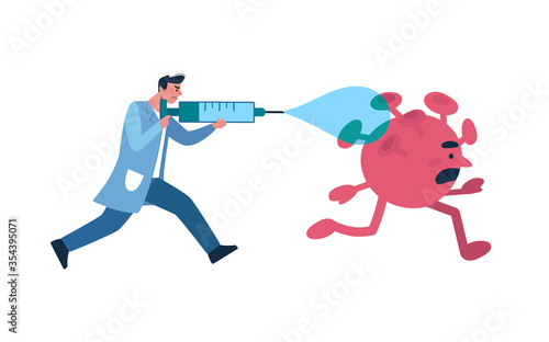 A doctor uses a vaccine from a syringe to eradicate a coronavirus . Scientists have found a vaccine against the virus. Vaccination of people from COVID-19. Health care in flat style, vector.