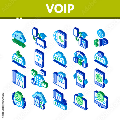 Voip Calling System Icons Set Vector. Isometric Server For Voice Ip And Cloud, Smartphone And Phone, Wifi Mark And Headphones Illustrations