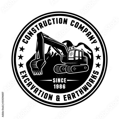 Excavator and mountains vector round black emblem