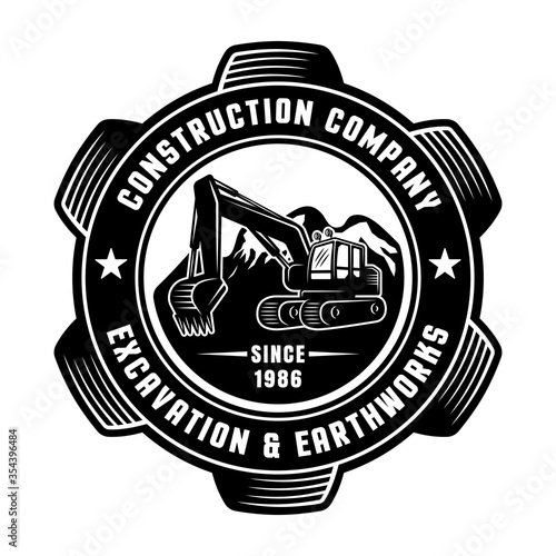 Excavator silhouette vector round black emblem
