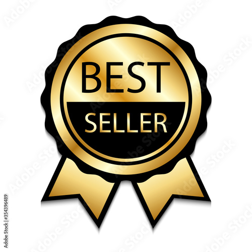 Ribbon award best seller. Gold ribbon award icon. Transparent background. Bestseller golden tag sale label, badge, medal