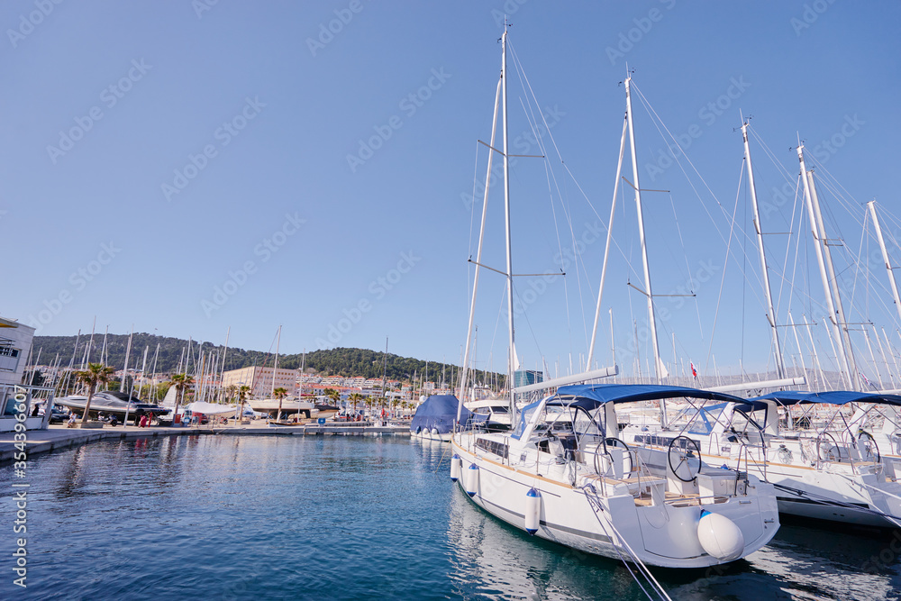 Marina harbour with beautiful white yachts in Split, Croatia.