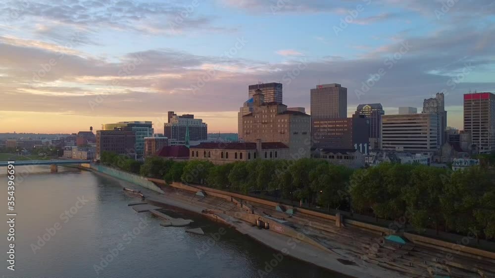 Flying backwards and away from dayton at sunrise. Dayton sunrise drone footage Flying backwards and away from dayton at sunrise. Dayton sunrise drone footage