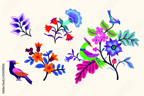 Vector Oriental motif of flowers. Original Floral design with of a woody vine with exotic flowers, tropic leaves and smaller birds. Tree of life Colorful flowers on a white background. Folk style.