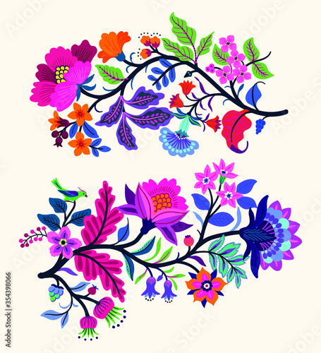 Vector Oriental motif of flowers. Original Floral design with of a woody vine with exotic flowers, tropic leaves and smaller birds. Tree of life Colorful flowers on a white background. Folk style.