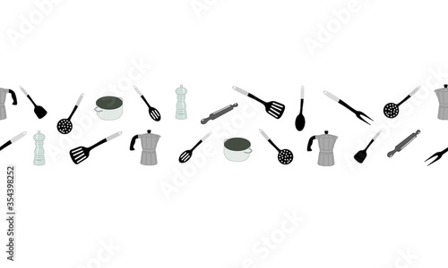 Seamless vector pattern. Kitchenware located in the middle of an artboard, isolated on a white background. Vector graphics. Vector EPS10.