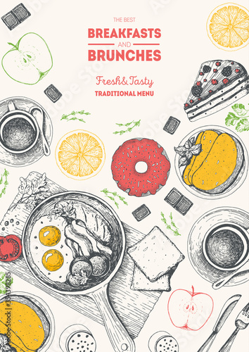 Brunch and breakfast top view frame. Food menu design. Vintage hand drawn sketch vector illustration