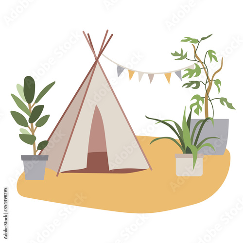 Teepee tent with urban jungle. Living room with wigwam and potted plants. Cozy home concept. Stay at home. Flat vector illustration