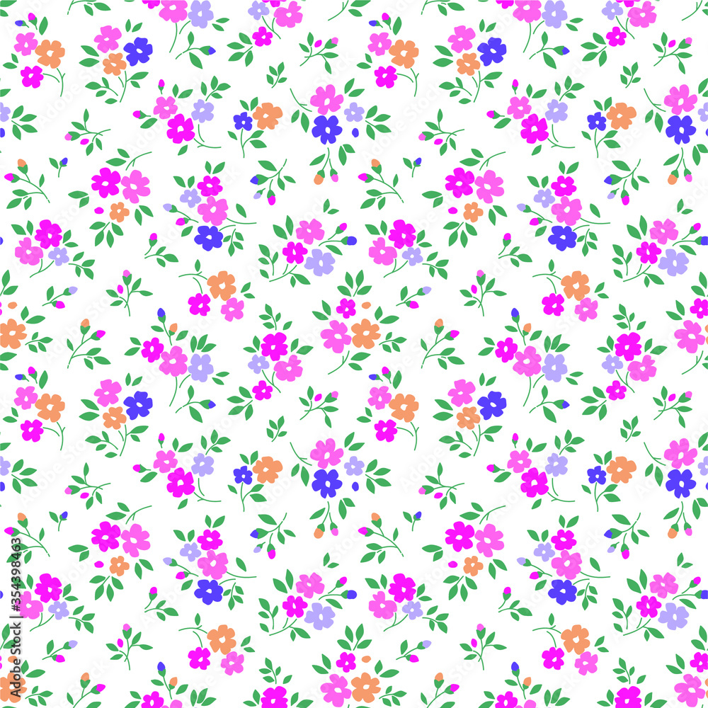 Simple cute pattern in small bright colorful flowers on white background. Liberty style. Ditsy print. Floral seamless background. The elegant the template for fashion prints.