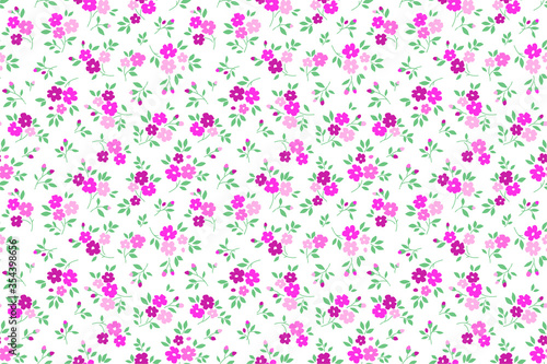 Simple cute pattern in small pink and purple flowers on white background. Liberty style. Ditsy print. Floral seamless background. The elegant the template for fashion prints.