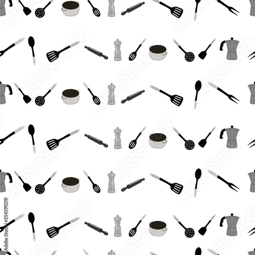 Seamless vector pattern. Kitchenware isolated on a white background. Vector graphics.