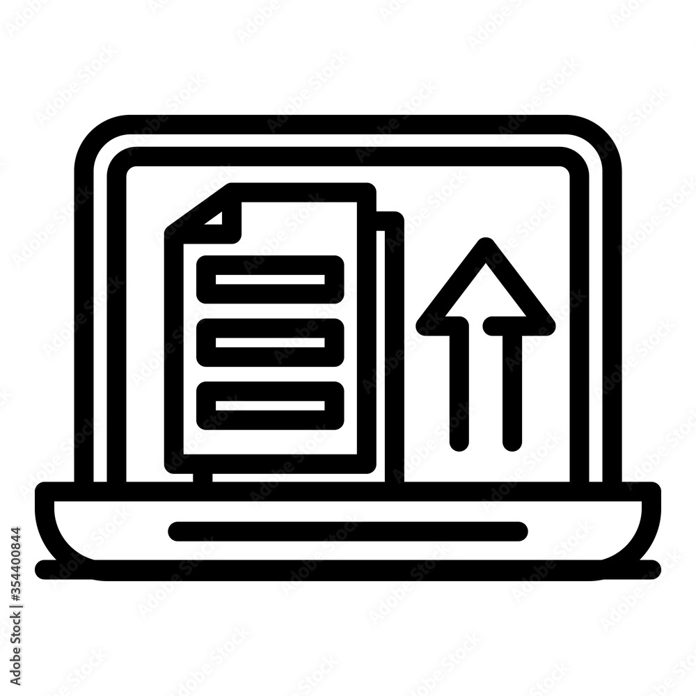 Laptop upload documents icon. Outline laptop upload documents vector icon for web design isolated on white background Laptop upload documents icon. Outline laptop upload documents vector icon for web design isolated on white background
