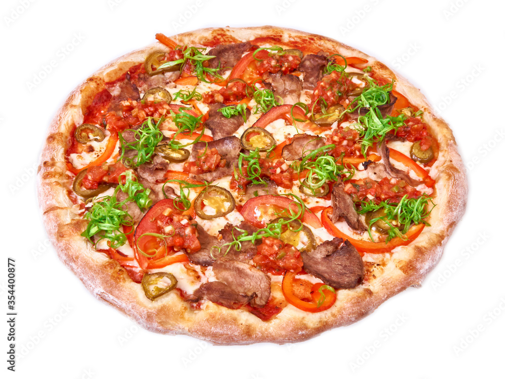 Meat pizza with jalapeno isolated on white background