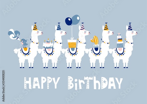 Happy birthday card with cute cartoon llama design.