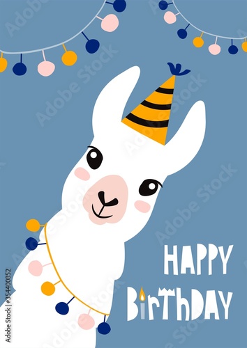 Happy birthday card with cute cartoon llama design.