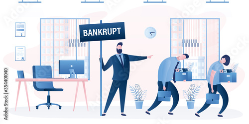 Businessman bankrupt dismiss group of employees. Dismissed business people. Fired office workers