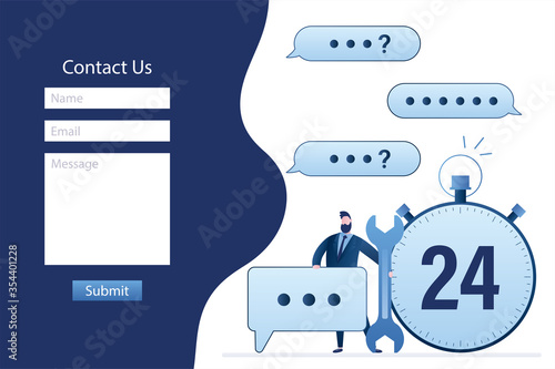 Contact Us form template. Online support landing page. 24 Hours customer support, chat and helpdesk concept.