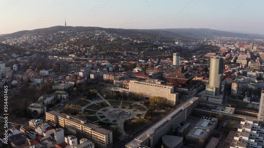 Aerial shot of Empty Freedom square (Námestie Slobody) in Bratislava Capital of Slovakia , Slovak national radio and bank building Aerial shot of Empty Freedom square (Námestie Slobody) in Bratislava Capital of Slovakia , Slovak national radio and bank building