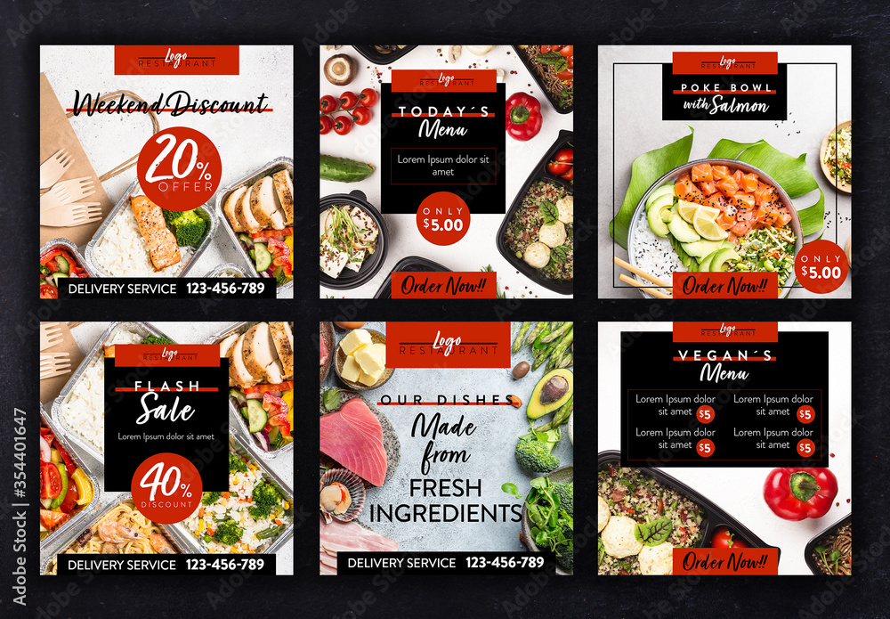 Twitter Layout Chef Restaurant Social Media Layout Set with Red and Back Accents Stock ...