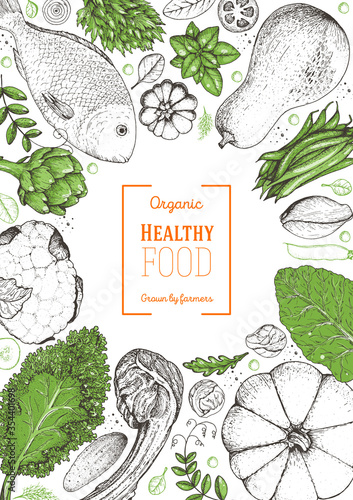 Healthy food frame vector illustration. Vegetables, meat and fish hand drawn. Organic products set. Farm market food collection