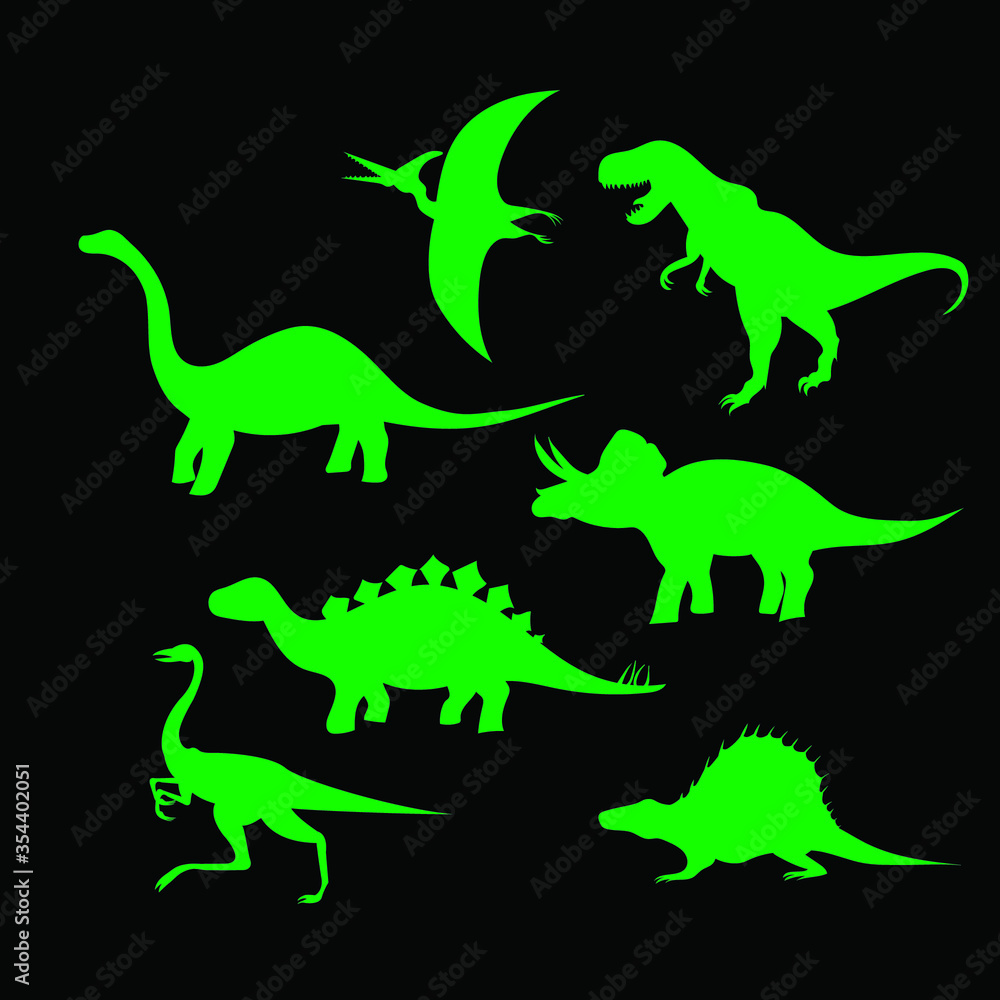 Silhouettes of dinosaurs, green on a black background, vector illustration