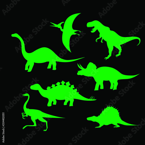 Silhouettes of dinosaurs  green on a black background  vector illustration