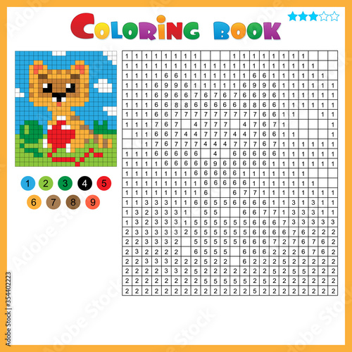 Kitten with balls of yarn. Color by numbers. Coloring book for kids. Colorful Puzzle Game for Children with answer.