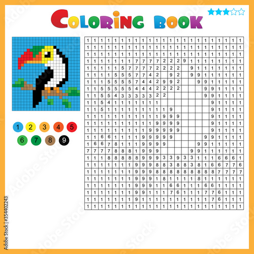 Toucan. Color by numbers. Coloring book for kids. Colorful Puzzle Game for Children with answer.