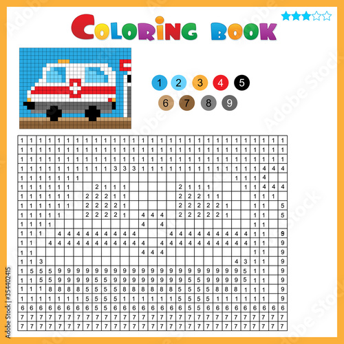 Ambulance. Color by numbers. Coloring book for kids. Colorful Puzzle Game for Children with answer.