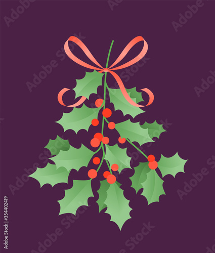Twig holly with a bow from a ribbon. Christmas and New Year postcard. Flat vector illustration.