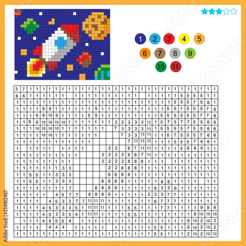 Rocket in space. Color by numbers. Coloring book for kids. Colorful Puzzle Game for Children with answer.